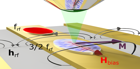 Magneto-optical measurement of spin waves in a magnetic microstructure. The excitation is performed by the microwave field of a waveguide structure.