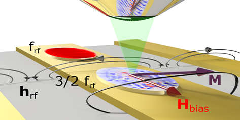Magneto-optical measurement of spin waves in a magnetic microstructure. The excitation is performed by the microwave field of a waveguide structure. 