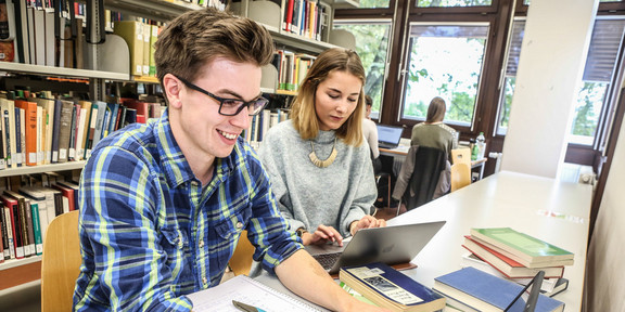 Two students study in the library